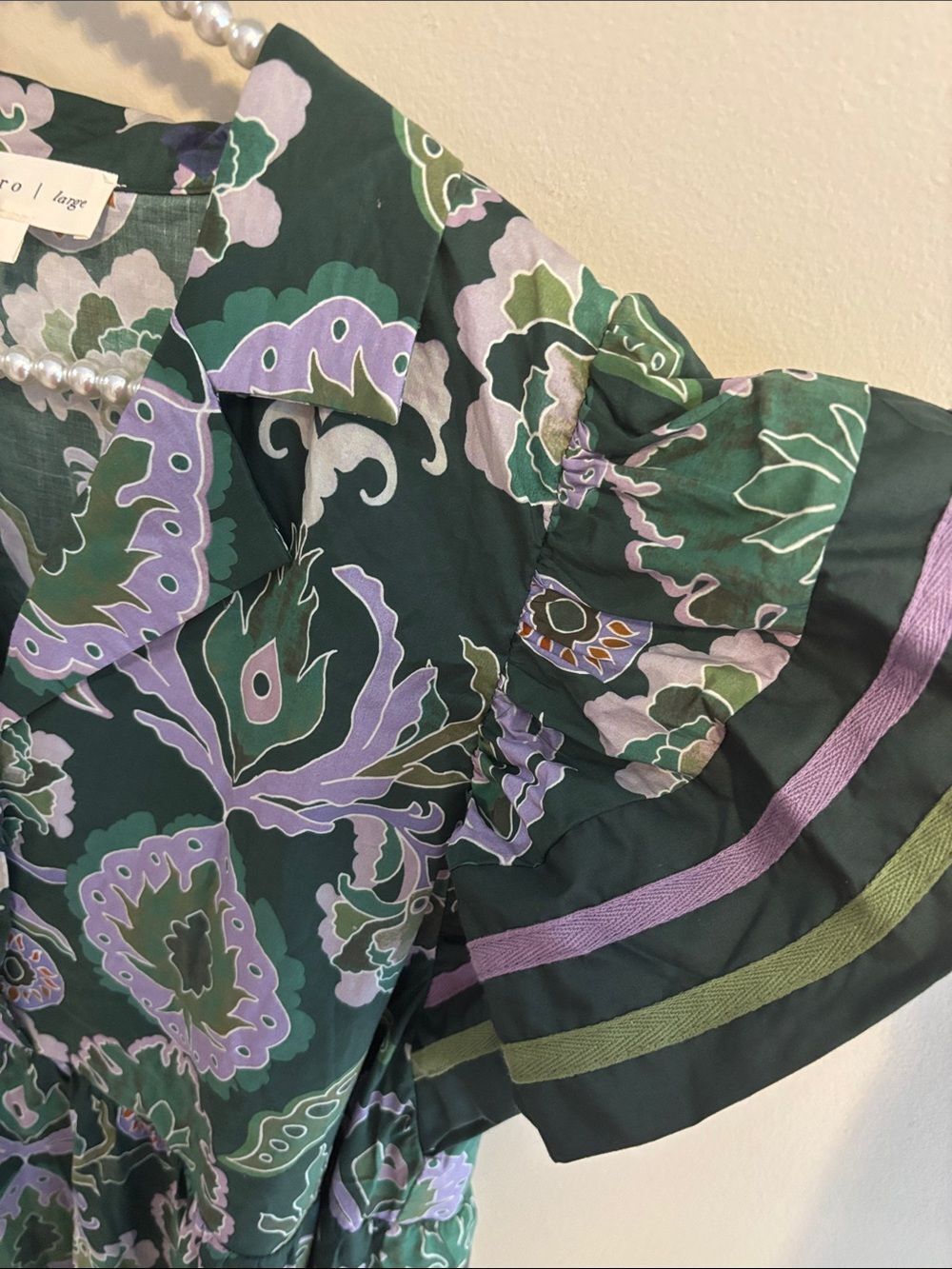 Entro Multi Print Cotton Midi Dress L Green Paisley Flutter Sleeve d27331 - Picture 4 of 7